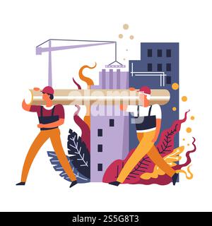 Bauarbeiter arbeiten zusammen, Arbeiter tragen großen Holzvektor. Neubau, Urbanisierung und Renovierung von Grundstücken. Industrielle Tätigkeiten, die von Helmen bei der Arbeit gemacht werden. Bauarbeiter arbeiten zusammen, Arbeiter tragen großen Holzstamm Stock Vektor