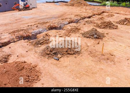 Große Schmutzberge und Gräben weisen auf den Beginn der Fundamentarbeiten für die neue Baustelle hin Stockfoto