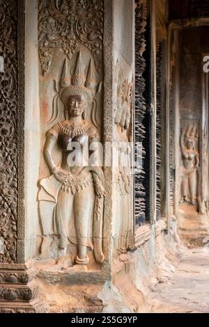 Steinschnitzereien im Angkor Wat Tempel, Siem Reap, Kambodscha Stockfoto