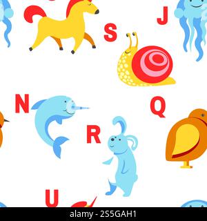 Alphabettiere und Buchstaben Untersuchungsmaterial für Kindervektor. U für Einhorn, Hund und Igel, Maus und Katze, Fisch und Schildkröte, Schnecke und Alligator. Nahtloses Muster mit abc für kleine Kinder zum Lernen. Alphabettiere und Buchstaben Untersuchungsmaterial für Kindervektor. Stock Vektor