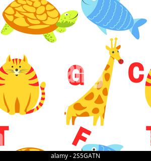 Alphabettiere und Buchstaben Untersuchungsmaterial für Kindervektor. U für Einhorn, Hund und Igel, Maus und Katze, Fisch und Schildkröte, Schnecke und Alligator. Nahtloses Muster mit abc für kleine Kinder zum Lernen. Alphabettiere und Buchstaben Untersuchungsmaterial für Kindervektor. Stock Vektor