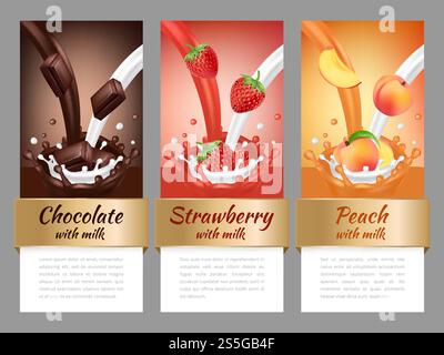 Obst und Schokoladenspritzer. Vektorvorlage für Werbebanner oder Etiketten. Aufkleber mit Milchschokolade und Früchten. Obst und Schokoladenspritzer. Vektorvorlage für Werbebanner oder Etiketten Stock Vektor