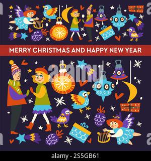 Frohe Weihnachten, zwei Männer und Frauen tanzen bei Nacht. Poster mit Textbeispiel und Sternen am Himmel, verliebte Menschen freuen sich, zusammen zu sein. Winterferien, Schneesturm und Herzen. Frohe Weihnachten, zwei Männer und Frauen tanzen bei Nacht Stock Vektor