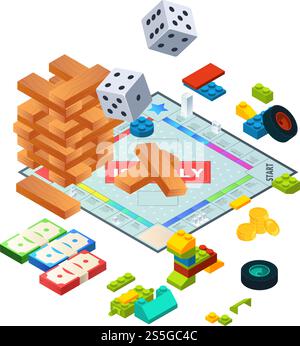 Zusammensetzung verschiedener Brettspiele. Isometrische Hintergrundbilder von Brettspielen. Holzspielblock, Pyramidenbaustein, Würfel und Würfel Illustration. Zusammensetzung verschiedener Brettspiele. Isometrische Hintergrundbilder von Brettspielen Stock Vektor