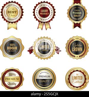 Goldene Labels. Premium Service Krone Luxus Best Choice Stempelvorlagen Vektor Design von farbigen Logos. Garantie auf Stempelaufkleber, Garantie auf Abzeichen, Illustration in limitierter Auflage. Goldene Labels. Premium Service Krone Luxus Best Choice Stempelvorlagen Vektor Design von farbigen Logos Stock Vektor