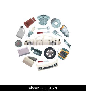 Vektor-Autoteile in kreisförmiger Illustration isoliert auf weißem Hintergrund. Vektorteile in kreisförmiger Abbildung Stock Vektor