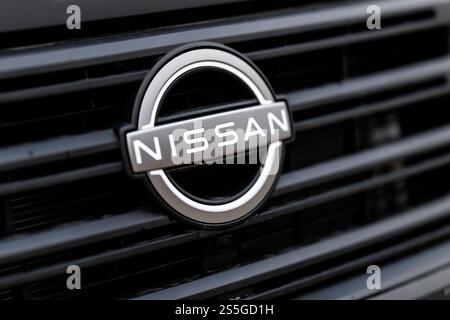 München, Deutschland. Januar 2025. Das Markenlogo von Nissan ist am 10. Januar 2025 auf einem Fahrzeug der Marke in einer Niederlassung des Unternehmens in München (Bayern) zu sehen. Nissan ist ein japanischer Automobilhersteller. Quelle: Matthias Balk/dpa/Alamy Live News Stockfoto