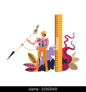 Baumeister trägt Helm, Mann Arbeiter mit Linealen Werkzeuge und Messgeräte Vektor. Bauprozess, Verwendung von Instrumenten mit hoher Präzision, Ausrüstung zur Entfernung. Handwerker bei der Arbeit. Baumeister mit Helm, Arbeiter mit Linealwerkzeugen Stock Vektor
