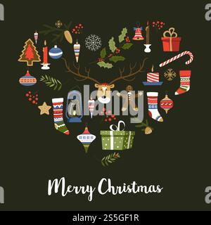Frohe Weihnachten Symbole des Neujahrs, Zeichen setzen Vektor. Geschenke und Geschenke in Kisten, gekochte Lebkuchen Mann und Kiefer, Socken- und Mistel-Pflanzenblatt. Schneeflocken und Kerzen, Süßigkeiten und Sterne Dekoration. Frohe Weihnachten Symbole des Neujahrs, Zeichen setzen Vektor. Geschenke und Geschenke in Kartons Stock Vektor