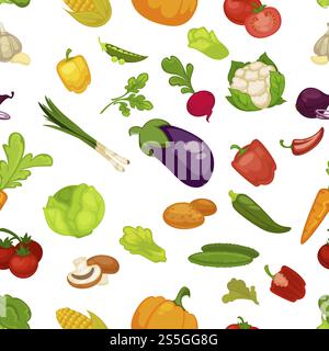 Gemüse Aubergine und Kürbis Set nahtlose Muster Vektor. Brokkoli und Blumenkohl, Paprika und Petersilie. Tomaten- und Pilzscheibe, Chili und Karotte mit Blättern, Zwiebelerbsen. Gemüse Aubergine und Kürbis Set nahtlose Muster Vektor. Stock Vektor