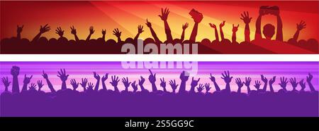 Menschliche Silhouetten in massiver Menge mit erhobenen Händen, die moderne Geräte in bunten Neon-Spots halten bei Konzert-Cartoon-flachen Vektor-Illustrationen Set. Die Leute haben Spaß bei der Musikvorführung. Menschliche Silhouetten in massiver Menge mit erhobenen Händen, die moderne Geräte in farbenfrohen Neonstrahlern halten, auf Konzert-Cartoon-flachen Vektor-Illustrationen Stock Vektor