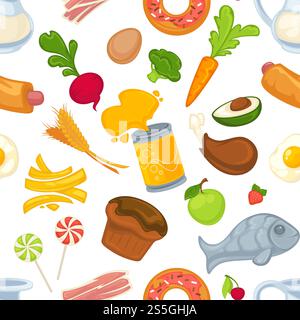 Ungesunde und gesunde Lebensmittel und Produkte nahtlose Muster Vektor Rote Bete und Wurst Dose mit Cola Getränk und Fisch Französisch Pommes Avocado mit Samen und Speck Erdbeere und Apfel frische Früchte.. Ungesunde und gesunde Lebensmittel und Produkte nahtlose Muster Stock Vektor