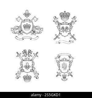 Heraldik Ritterarme. Vektorhandgezeichnete Heraldik-Illustration. Schildpanzer und Waffenschwert Sketch-Abzeichen. Heraldik Ritterarme. Vektorhandgezeichnete Heraldik-Illustration Stock Vektor