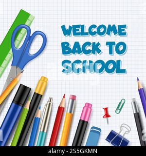 Zurück zur Schule. Stift mit Bleistiften Bürobedarf Werkzeuge Sammlung stationärer Vektor realistisches Bild Kinder Bildung Thema. Illustration eines Schulblatts mit feststehendem Kugelschreiber. Zurück zur Schule. Stift mit Bleistiften Bürobedarf Werkzeuge Sammlung stationärer Vektor realistisches Bild Kinder Bildung Thema Stock Vektor