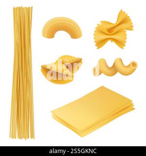Pasta realistisch. Italienisches Essen Farfalle Fusilli Makkaroni kochen Zutaten Vektorbilder der traditionellen Küche. Italienische Küche, Essen Makkaroni, Fusilli und Penne Illustration. Pasta realistisch. Italienisches Essen Farfalle Fusilli Makkaroni kochen Zutaten Vektorbilder der traditionellen Küche Stock Vektor