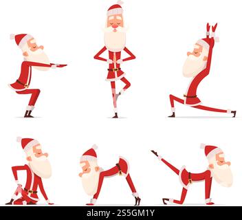 Santa Yoga-Posen. Weihnachten Winterurlaub Sport gesunder Charakter steht in verschiedenen Relax Posen Vektor niedliches Maskottchen isoliert. Illustration des santa claus Yoga. Santa Yoga-Posen. Weihnachten Winterurlaub Sport gesunder Charakter steht in verschiedenen Relax Posen Vektor niedliches Maskottchen isoliert Stock Vektor