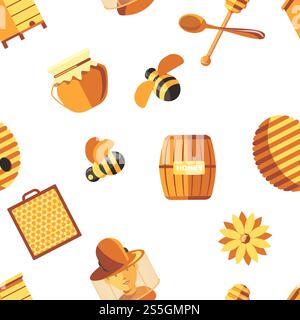 Honig und Bienen, Imker tragen Schutzanzug nahtloses Muster isoliert auf weißem Vektor. Bienenstock, Hobby von Männern, Bienenzucht, Topf mit Produkten, Landwirtschaft und Landwirtschaft. Honig und Bienen, Imker tragen Schutzanzug nahtloses Muster isoliert auf weißem Vektor. Stock Vektor