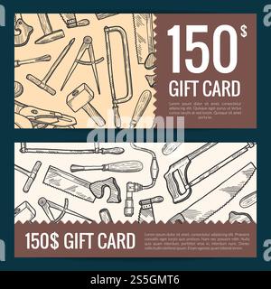 Vektor Hand gezeichnete Holzarbeit Tischlerei Elemente Rabatt oder Geschenkgutschablonen Illustration. Vektor Holzarbeiten Tischlerei Rabatt. Skizzenelemente der Zimmerei Stock Vektor