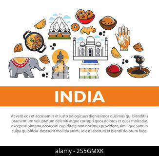 Promo-Poster für indische Kultur mit nationalen Symbolen. Religiöse Attribute, architektonische Konstruktionen, scharfe Küche und exotische Tiere im großen Kreis kommerzielle Banner Cartoon Vektor Illustration.. Promo-Poster für indische Kultur mit nationalen Symbolen. Religiöse Attribute, architektonische Konstruktionen Stock Vektor