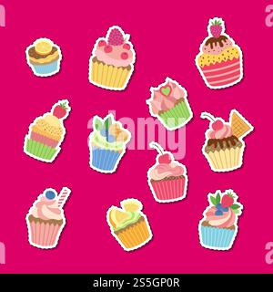 Vektor nette Zeichentrickmuffins oder Cupcakes Aufkleber Set Illustration. Bunte Cupcake-Kollektion, süßer Cartoon-Kuchen. Vektor nette Zeichentrickmuffins oder Cupcakes Aufkleber Set Illustration Stock Vektor