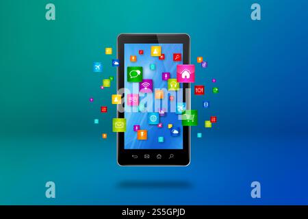 Fliegende Symbole um ein Smartphone herum. Cloud-Computing-Konzept. 3D-Illustration isoliert auf blauem Hintergrund. Fliegende Symbole um ein Smartphone herum. Wolke Stockfoto