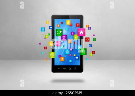 Fliegende Symbole um ein Smartphone herum. Cloud-Computing-Konzept. 3D-Illustration isoliert auf weißem Hintergrund. Fliegende Symbole um ein Smartphone herum. Wolke Stockfoto