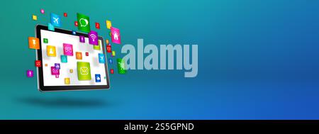 Fliegende Symbole um einen Tablet-PC. Cloud-Computing-Konzept. 3D-Illustration isoliert auf blauem Hintergrund. Fliegende Symbole um einen Tablet-PC. Wolke Stockfoto