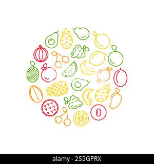 Vektorlinie Fruchtsymbole in kreisförmiger Illustration isoliert auf weißem Hintergrund. Vektorlinie Fruchtsymbole in kreisförmiger Illustration Stock Vektor