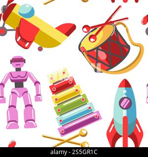 Nahtloses Muster für Vektorsymbole für Kinder. Kinderspielzeug-Set für Mädchen und Jungen im Kindergarten. Flacher Teddybär, Pyramide und Fahrrad, Rakete, Ball und Zug. Nahtloses Muster für Vektorsymbole für Kinder. Kinderspielset Stock Vektor