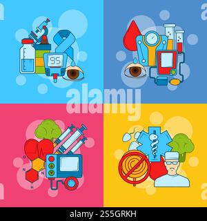Vektorfarbene Diabetes-Symbole Infografik-Konzeptabbildung. Set aus Banner und Poster flach. Vektorfarbene Diabetes-Symbole Infografik-Konzeptabbildung Stock Vektor