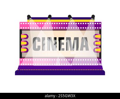 Retro-Schilder mit Neonlampen im Film- und Kinostil. Vektor-isoliertes Set von Kino oder Theater Premiere Vintage lila rosa Licht Zeichen mit Sternen und Spots. Retro-Schilder mit Neonlampen im Film- und Kinostil. Stock Vektor