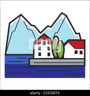 Berg und Häuser Landschaft der Stadt Linie Art Vektor Häuser in Reihe am Wasser See oder Fluss und Gipfel mit Schnee auf der Spitze Stadt mit Bäumen und Meer natürliche Outdoor Landschaft mit Gebäuden Bucht.. Berg- und Häuserlandschaft mit städtischer Kunst Stock Vektor