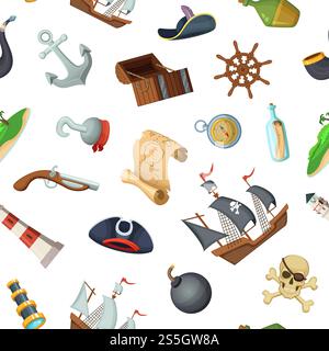 Vektor-Zeichentrickfilm Seepiraten Muster oder Hintergrund Illustration. Piratenabenteuer Marine, Anker und Schiff, nautische Reise. Vektor-Zeichentrickfilm Seepiraten Muster oder Hintergrund Illustration Stock Vektor