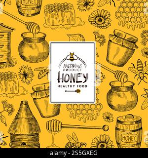 Vektorhintergrund mit skizzierten konturierten Honigthemenelementen mit Logo oder Abzeichen für hone Shop oder Farm. Illustration der Imkerei und des Sechseckbienenstocks. Vektorhintergrund mit skizzierten konturierten Honigthemenelementen mit Logo oder Abzeichen für hone Shop oder Farm Stock Vektor