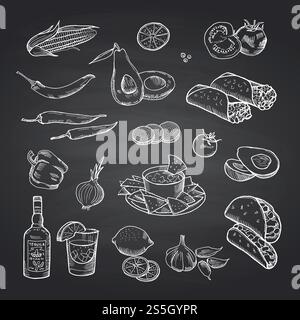 Vektor skizzierte mexikanische Essenselemente auf schwarzer Tafel. Illustration von mexikanischem Essen, Burrito und Taco Zeichnung. Vektor skizzierte mexikanische Essenselemente auf schwarzer Tafel Stock Vektor