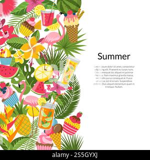 Vektor flach niedliche Sommerelemente, Cocktails, Flamingo, Palmblätter Hintergrund mit Platz für Textabbildung. Vektor flach süße Sommer Elemente, Cocktails, Flamingo, Palmblätter Hintergrund Stock Vektor