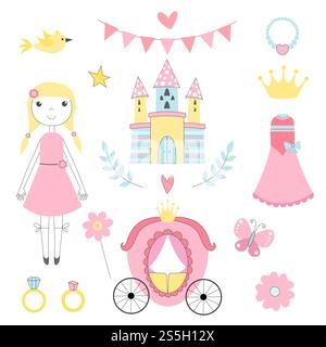 Märchenbilder von Prinzessin und anderen Zauberwerkzeugen. Schloss und Prinzessin, Märchentrainer und Ring. Vektorabbildung. Märchenbilder von Prinzessin und anderen Zauberwerkzeugen Stock Vektor