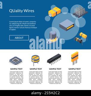 Illustration der Landing-Page-Vorlage für isometrische Vektorchips und Symbole für elektronische Teile. Elektronische Symbole für Vektor-Mikrochips Stock Vektor