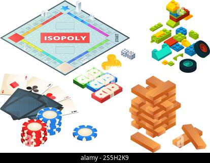 Brettspiele und Tools. Verschiedene Werkzeuge für Brettspiele. Würfel, Schachfiguren und andere. Blockpyramide aus Holz, Konstrukteur und Chip. Vektorabbildung. Brettspiele und Tools. Verschiedene Werkzeuge für Brettspiele. Würfel, Schachfiguren und andere Stock Vektor