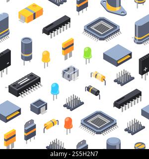 Vektorisometrische farbige Mikrochips und elektronische Teile Symbole nahtloses Muster oder Hintergrundillustration. Vektorisometrische Mikrochips und elektronische Teile Icons Muster oder Hintergrund Illustration Stock Vektor