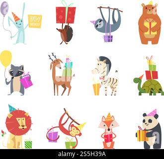 Birthday animals. Holiday happy celebration hare hedgehog bear zebra turtle lion and monkey festive gifts vector cartoon animals. Greeting birthday, animal with gift, deer fox and lemur illustration. Birthday animals. Holiday happy celebration hare hedgehog bear zebra turtle lion and monkey festive gifts vector cartoon animals Stock Vektor