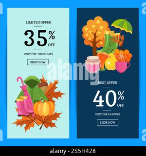 Vektorfarbene Comic Herbstelemente und Blätter Web Banner Vorlagen Illustration. Illustration von Vektor-Cartoon-Herbstelementen und -Blättern Stock Vektor