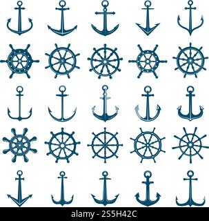 Symbol „Räder Schiffsanker“. Lenkräder Boot und Schiff verankern Marine- und Marinesymbole. Vektor-Silhouetten für Logo-Designs oder Tätowierungen. Anker und Rad für Schiff oder Boot, Marineblau. Symbol „Räder Schiffsanker“. Lenkräder Boot und Schiff verankern Marine- und Marinesymbole. Vektor-Silhouetten für Logo-Designs oder Tätowierungen Stock Vektor