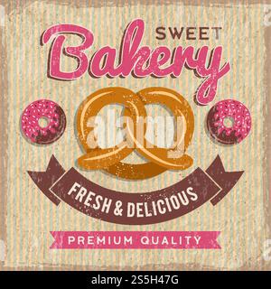 Poster für Bäckerei. Brot und Donuts mit Cupcakes Frische Lebensmittel Vektor Illustration für Vintage Plakat von Bäckerei Geschäft oder Markt. Bäckerei und Kuchen, Essen Dessert süß, Konditorei Bannermenü. Poster für Bäckerei. Brot und Donuts mit Cupcakes Frische Lebensmittel Vektor Illustration für Vintage Plakat von Bäckerei Geschäft oder Markt Stock Vektor