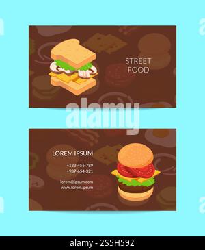 Vektor isometrische Burger Zutaten Visitenkarte Vorlage für Café oder Street Food Truck Illustration. Vektor isometrische Burger Visitenkarte Vorlage farbig Stock Vektor