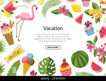 Vektor flach niedliche Sommerelemente, Cocktails, Flamingo, Palmblätter Hintergrund mit Platz für Textabbildung. Cocktails, Flamingo, Palmblätter Hintergrund Illustration Vektor Stock Vektor