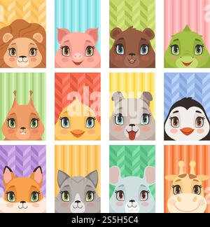 Tierporträt für Kinder. Löwe Pinguin Giraffe Krokodil Fuchs Baby Tiere Avatare mit Kopf Ohren Nase Hund Maus Schwein Vektor Zeichentrickkarten. Figur Löwe und Schwein, Krokodil und Maus Illustration. Tierporträt für Kinder. Löwe Pinguin Giraffe Krokodil Fuchs Baby Tiere Avatare mit Kopf Ohren Nase Hund Maus Schwein Vektor Zeichentrickkarten Stock Vektor