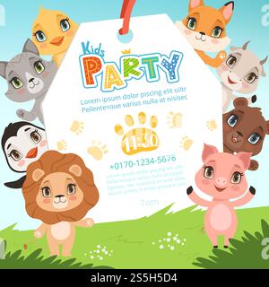 Tiere Kinder Einladungen. Niedliche lustige Dschungeltiere im Cartoon-Stil Plakat an Baby Geburtstagsfeier Party Vektorbilder. Illustration der Geburtstagseinladung Baby mit lustigen Tieren. Tiere Kinder Einladungen. Niedliche lustige Dschungeltiere im Cartoon-Stil Plakat an Baby Geburtstagsfeier Party Vektorbilder Stock Vektor