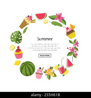 Vektor flach niedliche Sommerelemente, Cocktails, Flamingo, Palmblätter in kreisförmiger Form mit Platz für Textabbildung. Vektor Sommer Farbcocktails, Flamingo, Palmblätter Stock Vektor