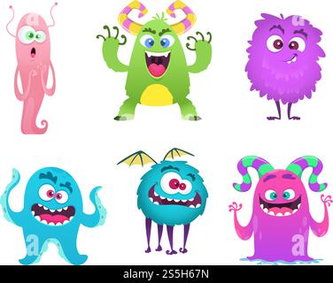 Monster Maskottchen. Furry süße Gremlin Troll bizarr lustige Spielzeug Vektor Zeichentrickfiguren isoliert. Charaktercharakter gruselig und lustig, fröhlicher Monster-Goblin. Vektorabbildung. Monster Maskottchen. Furry süße Gremlin Troll bizarr lustige Spielzeug Vektor Zeichentrickfiguren isoliert Stock Vektor